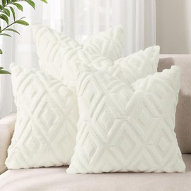 decorUhome Pack of 4 Faux Fur Throw Pillow Covers 18x18, Soft Decorative Couch Pillow Covers with Velvet Back for Modern Sofa Living Room, Cream White