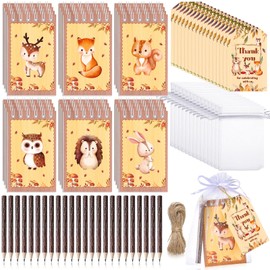 Cholemy 24 Set Woodland Party Favors Woodland Animal Mini Notepads Bark Pencils with Labels and Organza Bags Forest Animals Themed Birthday Party Gifts Baby Shower Supplies for Boys Girls Classroom