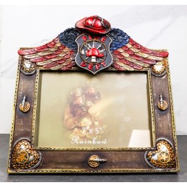 Ebros Gift Fire Department Fireman Helmet Hose And USA Flag Angel Wings 5"X7" Picture Frame