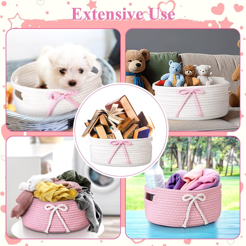 Breling 3 Pieces Coquette Bow Laundry Hamper Cotton Rope Storage