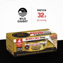 Bumble Bee Prime Solid White Albacore Tuna in Water, 5 oz Cans (Pack of 4) - Premium Wild Caught Tuna - 32g Protein per Serving - Non-GMO Project Verified, Gluten Free, Kosher