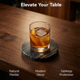 YONGHEE Black Marble Coasters Set of 4, Elegant Black & Dark Gray Coasters for Coffee Table, 4" Round Polished Black Stone Coaster with Unique Veins – Heat Resistant, Non-Slip, Housewarming Gift
