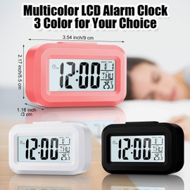 Highergo 3 Pack Digital Alarm Clock Large LCD Display, Simple Operation, Snooze Back Light, Time Date Month, Temperature Multifunction Clock for Bedrooms Office Travel Heavy Sleepers(Classic Colors)