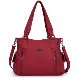 Angelkiss2 Women’s Large capacity Multi-pocket Functional Handbag/Purse/Crossbody Shoulder bag with soft washed Faux Leather 1193 (Red)