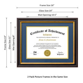 DEKWINN,Diploma Frames 8.5x11 with Mat or 11x14 without Mat,2 Pack Certificate Document Frame with Real Glass,Black Gold & Burgundy Molding(Blue/Gold Double Mat)
