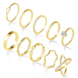 ALEXCRAFT Women's 14 Carat Gold Plated Ring Set of 10, Metal, Cubic Zirconia