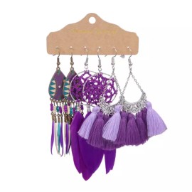 Unbranded 3 Pairs/Set Bohemian Boho Purple Earrings Hook Drop Dangle - Tassle, Feather E#1