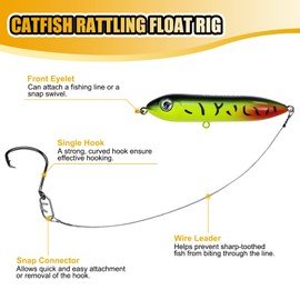 Catfish Rig with Rattle Float, Pre-Assembled Fishing Rig for Catfish, Santee Rig with High-Strength Steel Leader and Circle Hooks 5/0 6/0 8/0 for River, Lake Pond