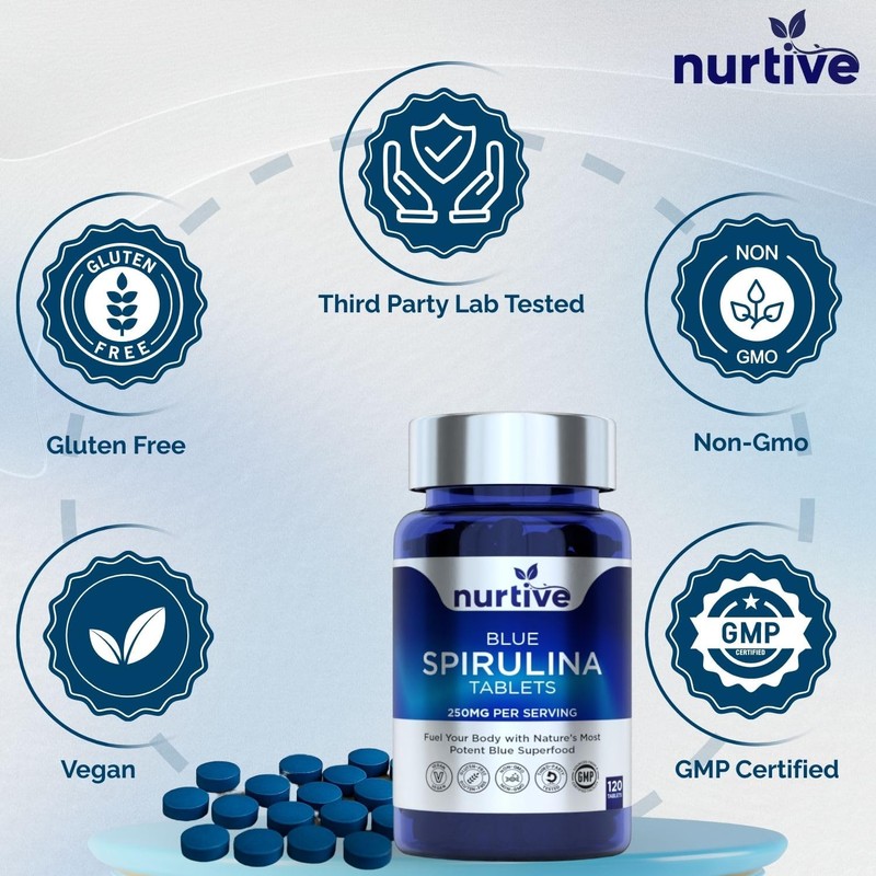NURTIVE Blue Spirulina Tablets - 250mg per Serving, Phycocyanin Superfood