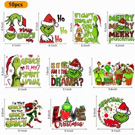 10 Sheets Grinchs Christmas Iron on Transfers for T-Shirts, Christmas Heat Transfers Vinyl, Christmas Iron on Decals for Clothes Bag Pillow Covers DIY Decorations