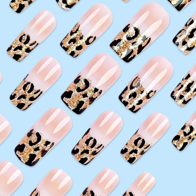 Long Press on Nails Leopard Print Square Fake Brown French