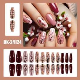 Flower Press on Nails Medium Ballet Shaped Pink Plum Bossom Pattern Design Spring Acrylic False Nails Full Cover Glossy Blossom Artificial Fingernails DIY Reusable Glue on Nail for Women 24Pcs