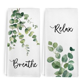cvjutf Eucalyptus Sage Green Hand Towels for Bathroom, Sage Green Bathroom Decor, Plant Kitchen Towels Set of 2, Breathe Relax Eucalyptus Decorative Hand Tea Towel for Kitchen Decor, 16x24 Inch