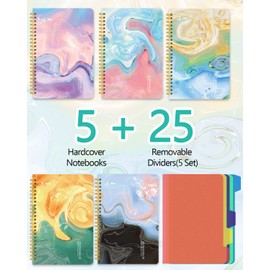 5 Subject Spiral Notebooks 5-Pack College Ruled Hardcover with 25 Removable Dividers 160 Pages/80 Sheets Each, A5(8.5 "x 5.7") with Back Pocket for Women Students Girls Office Business Planning Diary