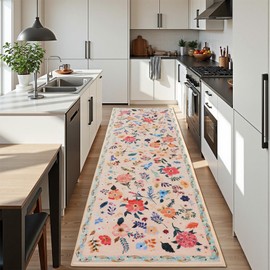 Terrug 2'6''x8' Beige Floral Area Rug for Hallways,Boho Machine Washable Runner Rugs with Non-Slip Blacking for Kitchen,Flower Carpet for Bedroom Entryway Laundry Floor Decor