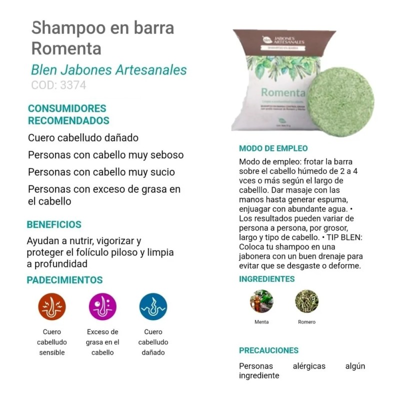 Blen Shampoo En Barra Romenta Para Cuero Cabelludo Dañado