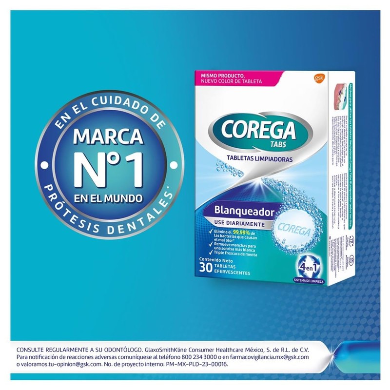 Corega Tabs Blanqueador, Limpiador de Prótesis Dentales, 30 Tabletas Efervescentes
