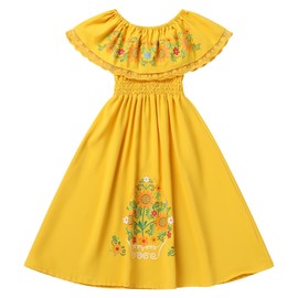 Mexican Dress for Girls Mexican Traditional Folk Dress Kids Off-Shoulder Sunflower Print Drape Dress Cinco De Mayo Costume Kids Embroidered Floral Fiesta Dress Spring Summer Yellow b 5-6 Years