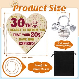Yaomiao 30th Birthday Gifts Birthday Plaque and Birthday Keyrings Set 30th Birthday Wood Heart Sign Happy 30th Birthday Keychain Stainless Steel for Women Men Bedroom Dining Room Car Interior Decor