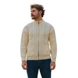 SAOL Men's 100% Irish Merino Wool Zipper Cable Knit Winter Warm Cardigan Sweater with Pockets in Charcoal/Army Green (Natural, XLarge)