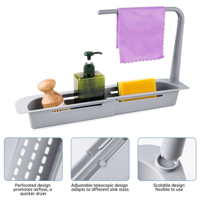 NiHome Telescopic Kitchen Over Sink Organizer with Towel Hanger, Expandable
