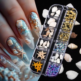 ROFIBUT 2 Boxes Summer Beach Nail Art Rhinestones 3D Mixed Ocean Theme Nail Charms Gold Metallic Shell Starfish Conch Nail Studs Shiny Chrome Pearl Supplies for Nail Art Design DIY Manicure Decoration