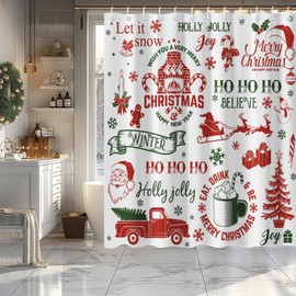 Lindameler Vintage Christmas Shower Curtain Red Truck Santa Clus Snowman Bath Curtain Merry Christmas Red Green Xmas Bathroom Curtain with 12 Hooks Holiday Waterproof Bathtub Curtain (Red, 72x72 inch)