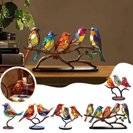 2023 New Stained Metal Birds On Branch Desktop Ornaments, Metal Flat Double Sided Colorful Birds Tabletop Decorations, Multicolor Hummingbird Craft Statue Bird Figurines Sculpture for Home Decor.