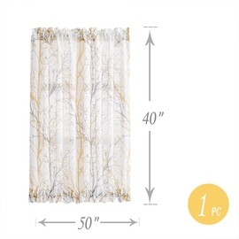 Fmfunctex White Sheer French Door Curtains 40" Yellow Grey Print Branch Tree Half French Door Panel for Front Glass Door Semi-Sheer 50" w 1 Panel