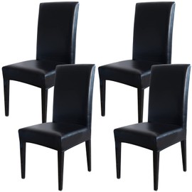 Qubjus Dining Table Chair Covers, Solid PU Leather Waterproof Oilproof Stretch Dining Table Chair Protector Cover Slipcover (Black, 4 Pack)