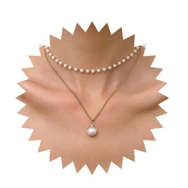 Allereya Vintage Layered Pearl Pendant Necklace Round Pearl Necklace Gold Pearl Station Chain Necklace Pearl Choker Necklace Jewelry for Women and Girls (Gold)