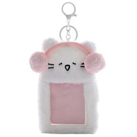 Cat Photocard Holder with Clear Window - Plush Kitten Badge Case for Student ID, Bus Card, and More (White)