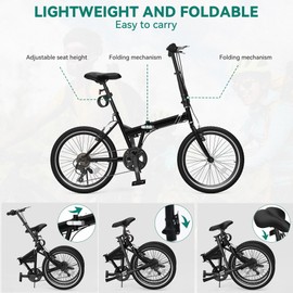 YITAHOME 20 Inch Folding Beach Cruiser Bike for Adults, 7-Speed Foldable Bicycle for Women Men, Portable Commuter Bikes with Adjustable Seat and Handlebar for Commuting, Fitness, Vacation