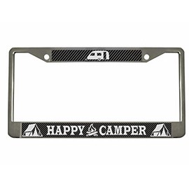 Happy Camper Adventure Style Metal License Plate Frame/Car Accessories Car Tag Holder Cover (Chrome/Carbon/Silver)
