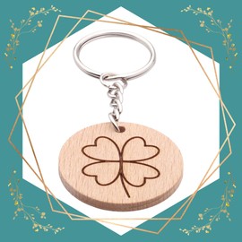 Festland DESIGN® Wooden Key Ring Round with Engraving Clover Leaf as Lucky Charm Christening Exam Gift for Friends Family Partner Key Pendant, brown