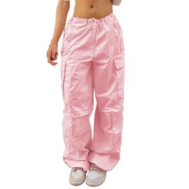 DUKBUBI Parachute Pants for Women Drawstring Cargo Pants Low-Rise Baggy Joggers with Pockets Casual Hiking Pants Hip Hop D Pink