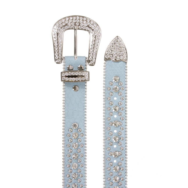 Cinturón de piel con tachuelas de cocodrilo para mujer, Azul