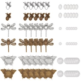 GOMAKERER 36 Pcs Animal Photo Charms, 6 Styles Animal Pendant Trays Blank Bezel Butterfly Dragonfly Memorial Photo Pendant with 36 Pcs Glass Cabochons for DIY Jewelry Making