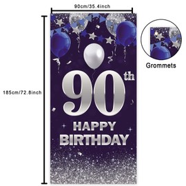 Happy 90th Birthday Banner Backdrop Navy Blue and Silver Balloons Confetti Stripe Flag Cheers to 90 Years Old Theme Decorations Decor for Men Women 90th Birthday Party Bday Supplies Glitter