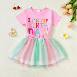 LUJENGEFA 2 Piece Toddler Baby Girl Birthday Outfit Shirt and Rainbow Tutu Skirt Set Dresses Pink 2 2-3 Years
