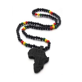 COLORFUL BLING Hip-hop Africa Map Pendant Necklace for Men Women African Continent Egyptian Multicolor 8MM Wooden Bead Chain Necklace Natural Wood Jewelry-Style 1