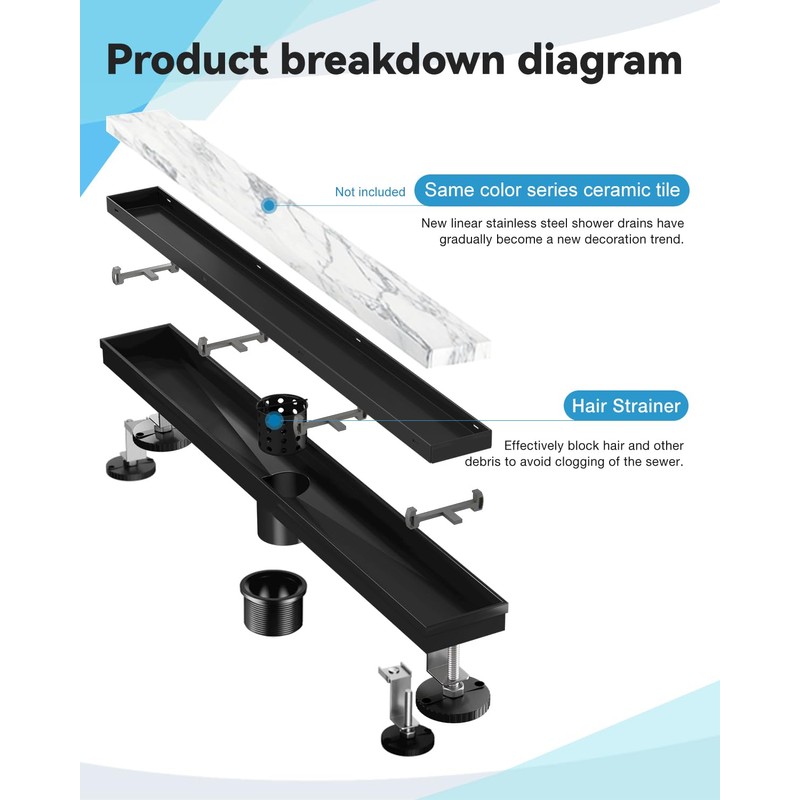 HTOH Black Shower Drain, 24 Inch Linear Shower Drain with