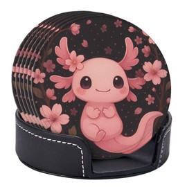 Pink Cherry Blossom Axolotl Coasters for Drinks, Drink Coaster with Holder Set of 6 Round Leather Cup Table Mats for Tabletop Protection Coffee Bar Decor