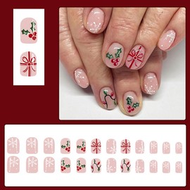 24 Pcs Christmas Pink Press on Nails Short Square - MINGCHUN Christmas Fake Nails with Snowflakes Bow Design Glossy Cute Christmas Nails Full Cover Stick on Nails Glue on Nails for Women Nail Art DlY
