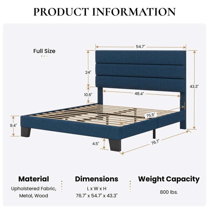 SHA CERLIN Full Platform Bed Frame with Upholstered Fabric Headboard,