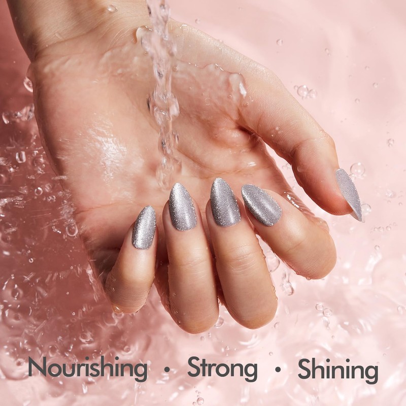 VSALON Short Almond Press-On Nails - Silver Glitter Nails Kit,
