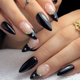 LWTZLW Black French Tip Press on Nails Medium Almond False Nails with Colorful Rhinestones Design Full Cover Glue on Nail Reusable Acrylic Fake Nails Glossy Artificial Stick on Nail for Women