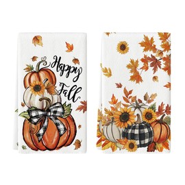 Artoid Mode Buffalo Plaid Bowknot Pumpkin Fall Kitchen Towels Dish Towels, 18x26 Inch Farmhouse Maple Leaves Decoration Hand Towels Set of 2