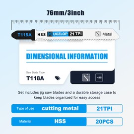 MUOZLOP20pcsT118A Jigsaw Blades，21TPI Jig Saw Blades with Storage Case,T-Shank jig Saw Blades for Metal Cutting (20pcsT118A)