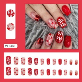 Christmas Press on Nails Medium Square Fake Nails Red False Nails With Heart Letter Candy Designs Nude Full Cover Stick on Nails Acrylic Winter Xmas Artificial Nails Glue on Nails for Women 24Pcs